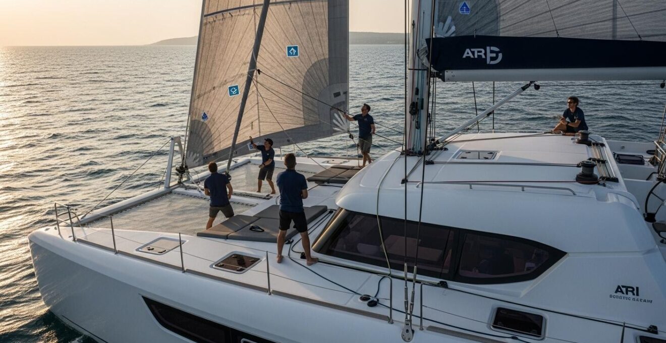 Manoeuvres d'un catamaran avec voiles modernes équipées de repères intelligents, équipage en action sur plan de pont bien agencé