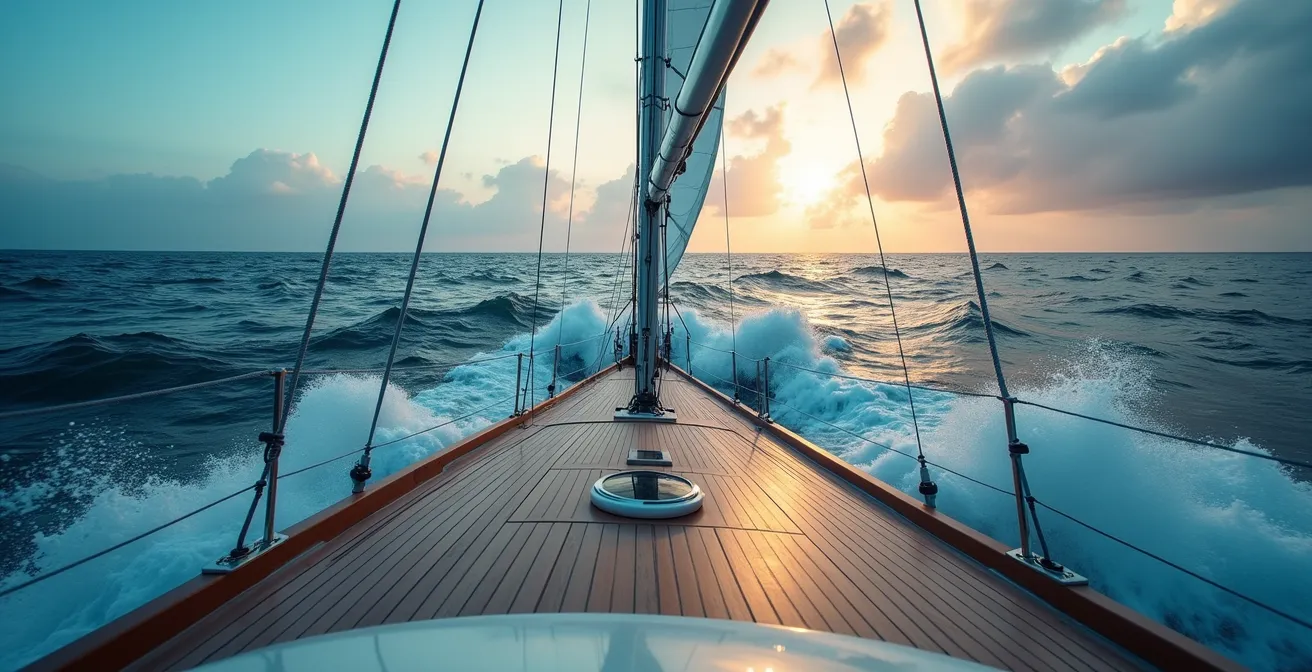 Vue panoramique depuis un voilier montrant différents états de mer et types de vagues