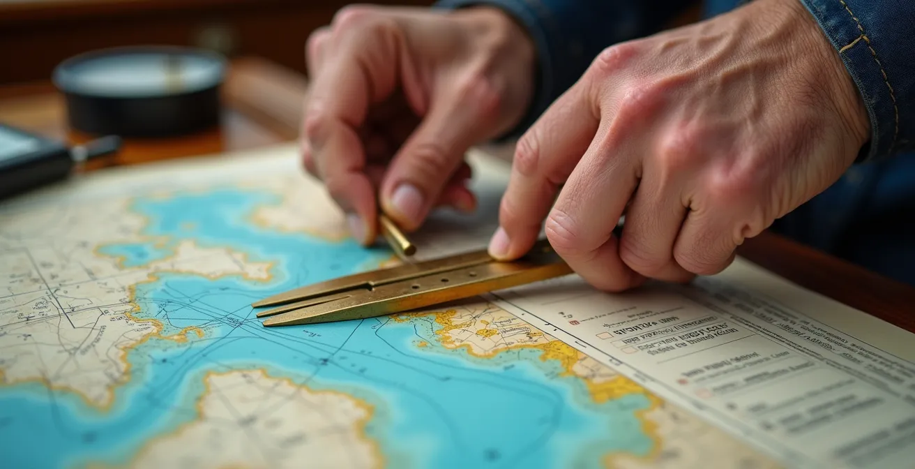 Mains de navigateur manipulant des données météo GRIB sur table de navigation