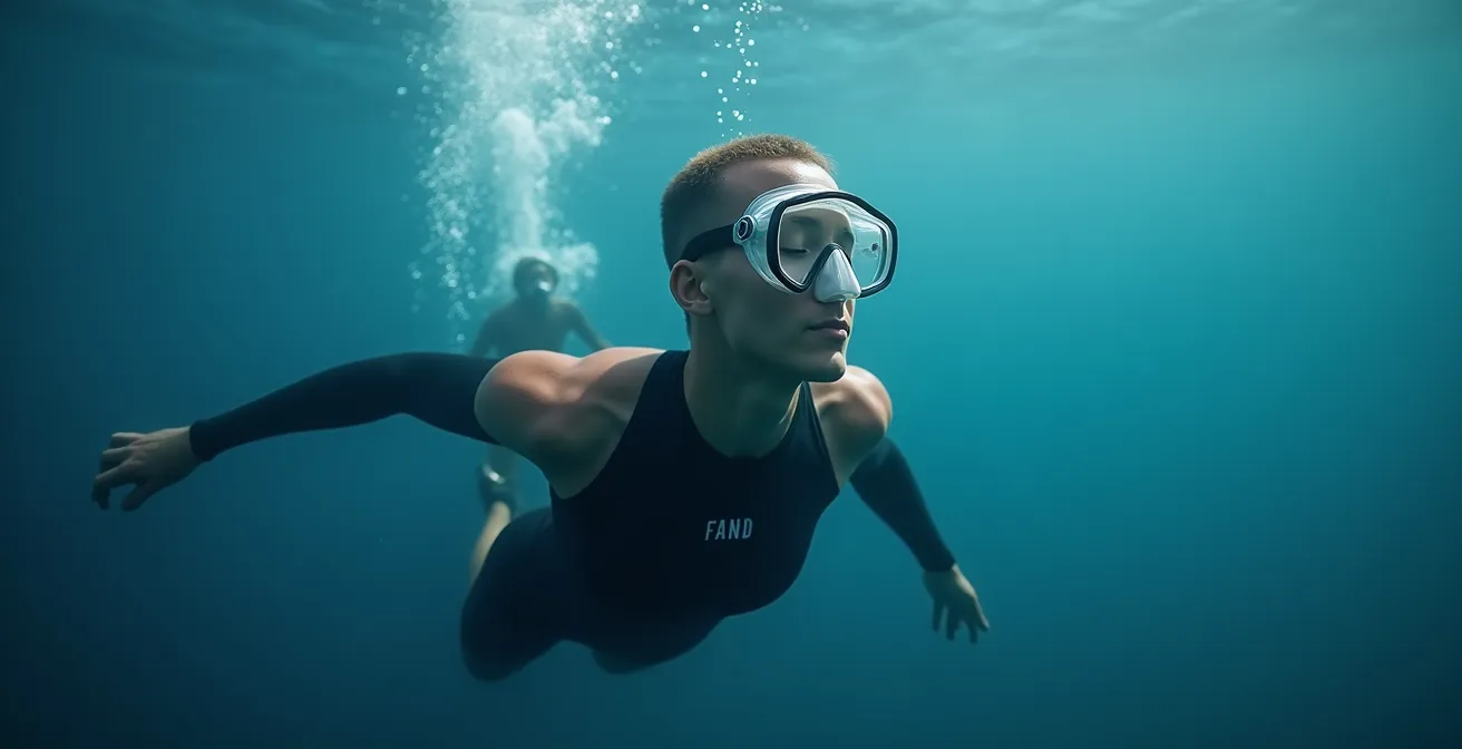 Apnéiste en position de descente détendue pratiquant la technique du regard panoramique en eau claire