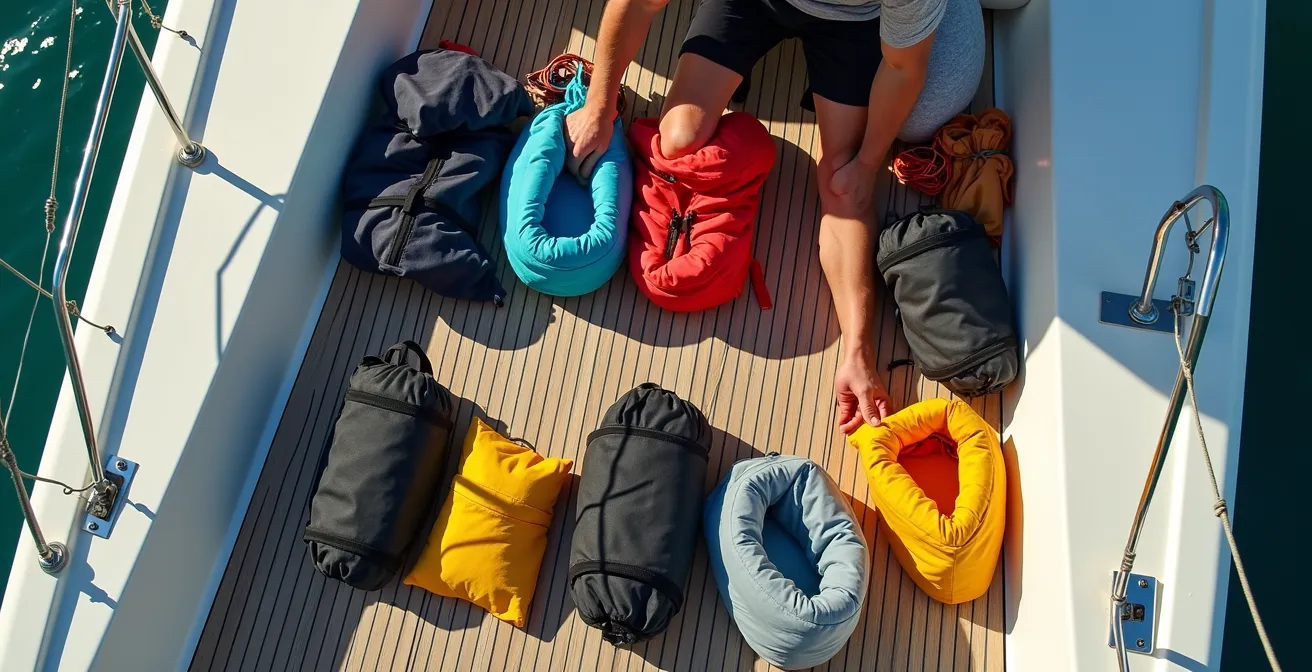 Vue plongeante d'un pont de catamaran avec équipements triés par catégories