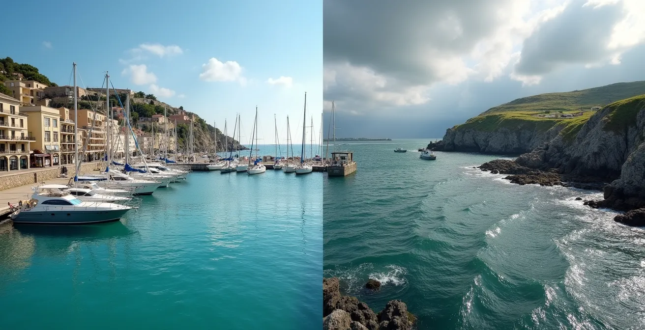 Contraste entre une marina méditerranéenne calme et une côte bretonne agitée