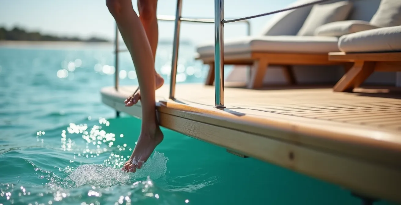 Plateforme arrière d'un catamaran de luxe transformée en beach club avec transats et espace bien-être au niveau de l'eau