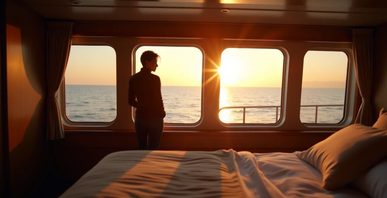 Intérieur luxueux d'une cabine de catamaran avec vue panoramique sur la mer