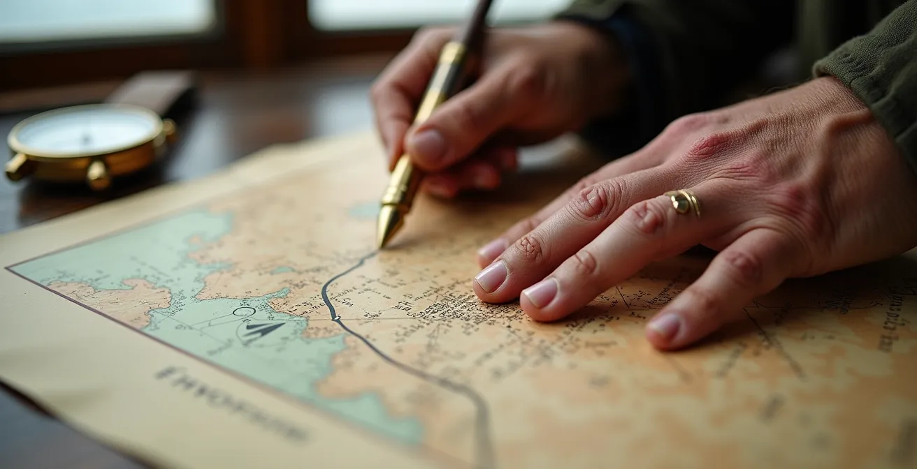 Mains de navigateur tenant une carte marine avec compas et montre