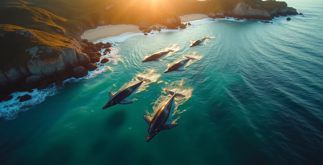 Vue aérienne d'un groupe de baleines à bosse migrant le long d'une côte au coucher du soleil