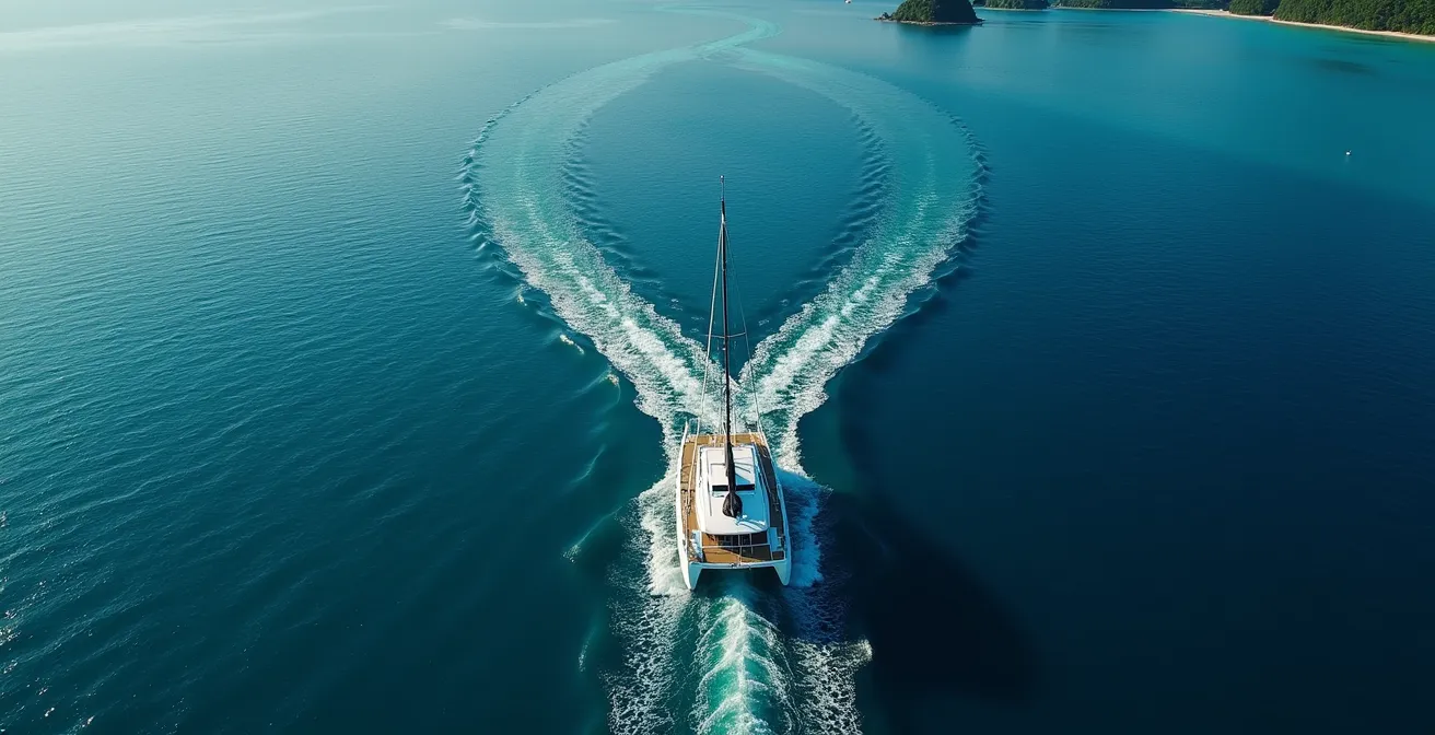 Vue aérienne d'un catamaran naviguant entre des îles avec trajectoires possibles
