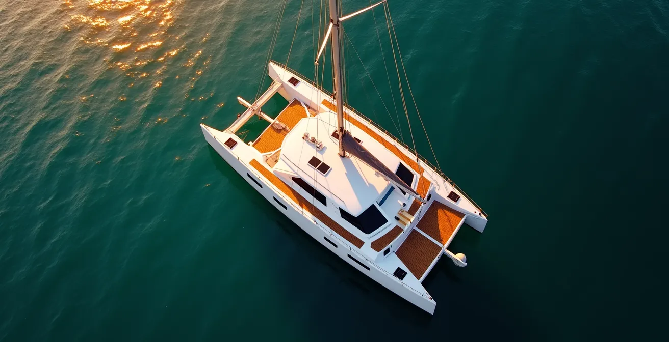 Vue aérienne d'un catamaran montrant les différentes zones de bain de soleil