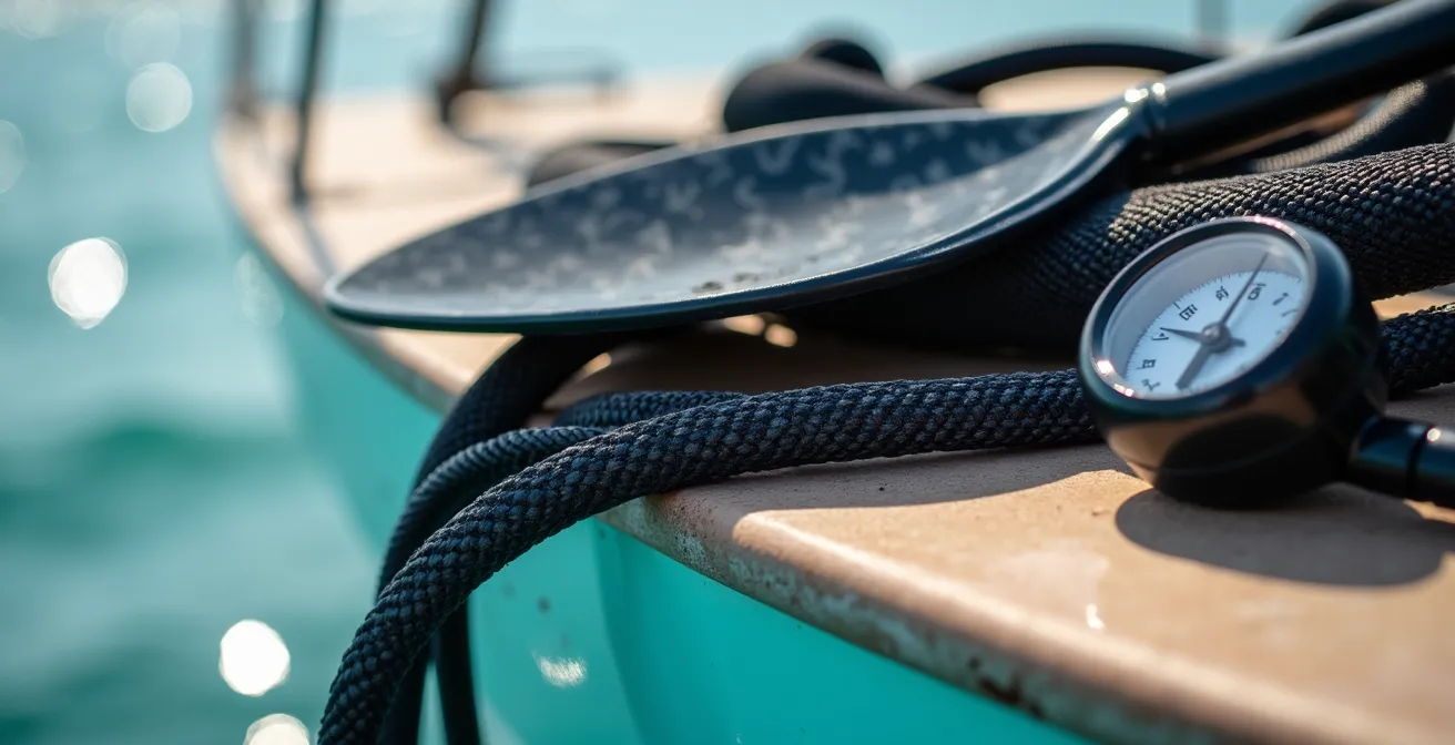 Vue aérienne d'un catamaran au mouillage avec tout l'équipement nautique déployé