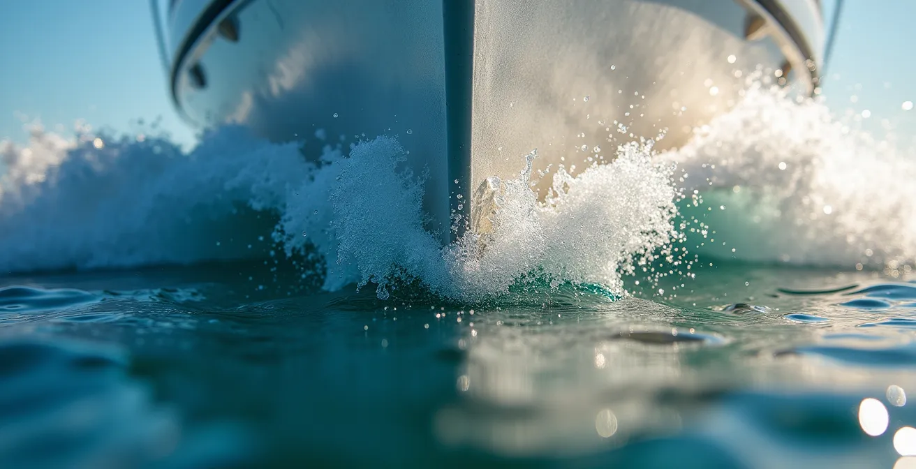 Gros plan sur l'étrave d'un catamaran fendant l'eau avec des embruns cristallins