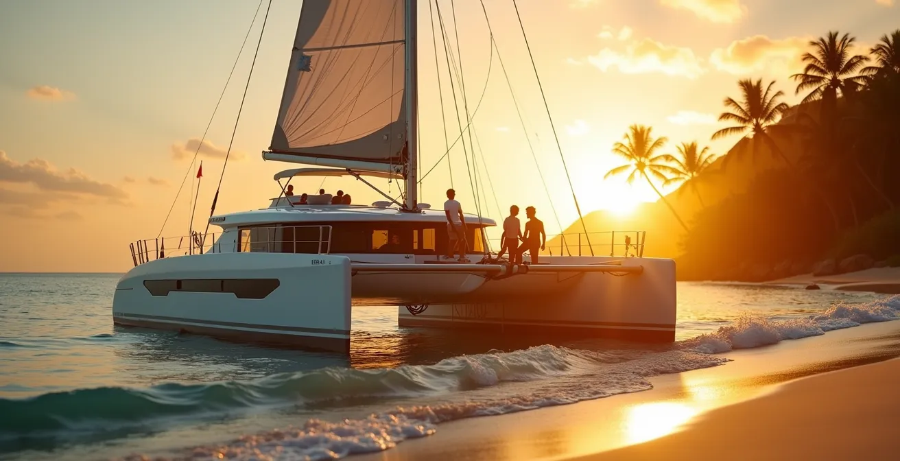Catamaran échoué volontairement sur plage de sable avec dérives relevées
