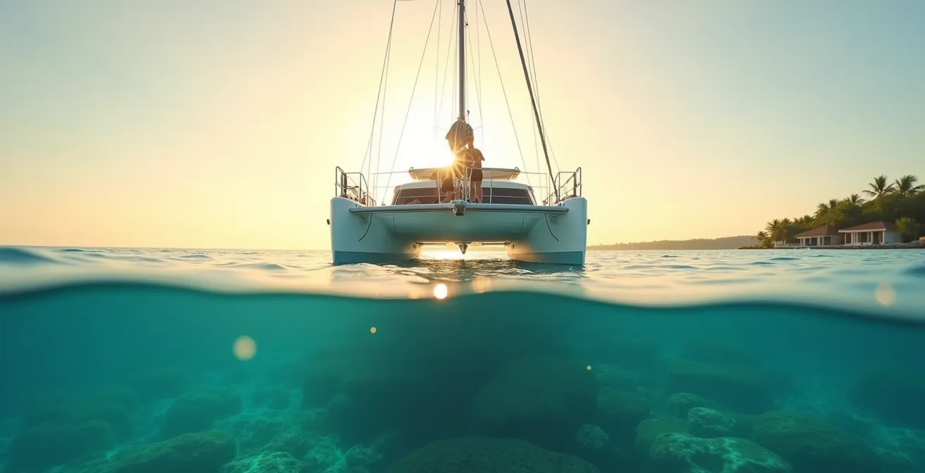Catamaran moderne ancré au-dessus d'un récif corallien au lever du soleil
