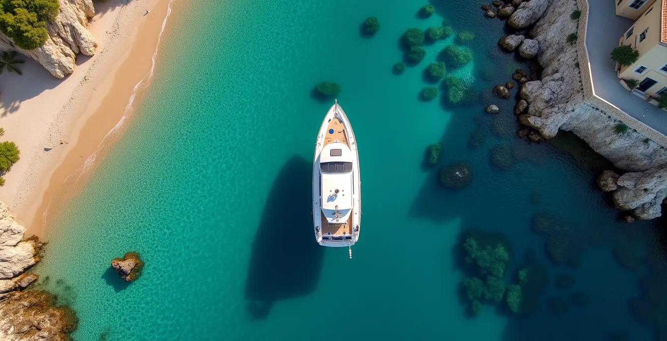 Vue aérienne d'un catamaran entre une plage sauvage et un port historique méditerranéen