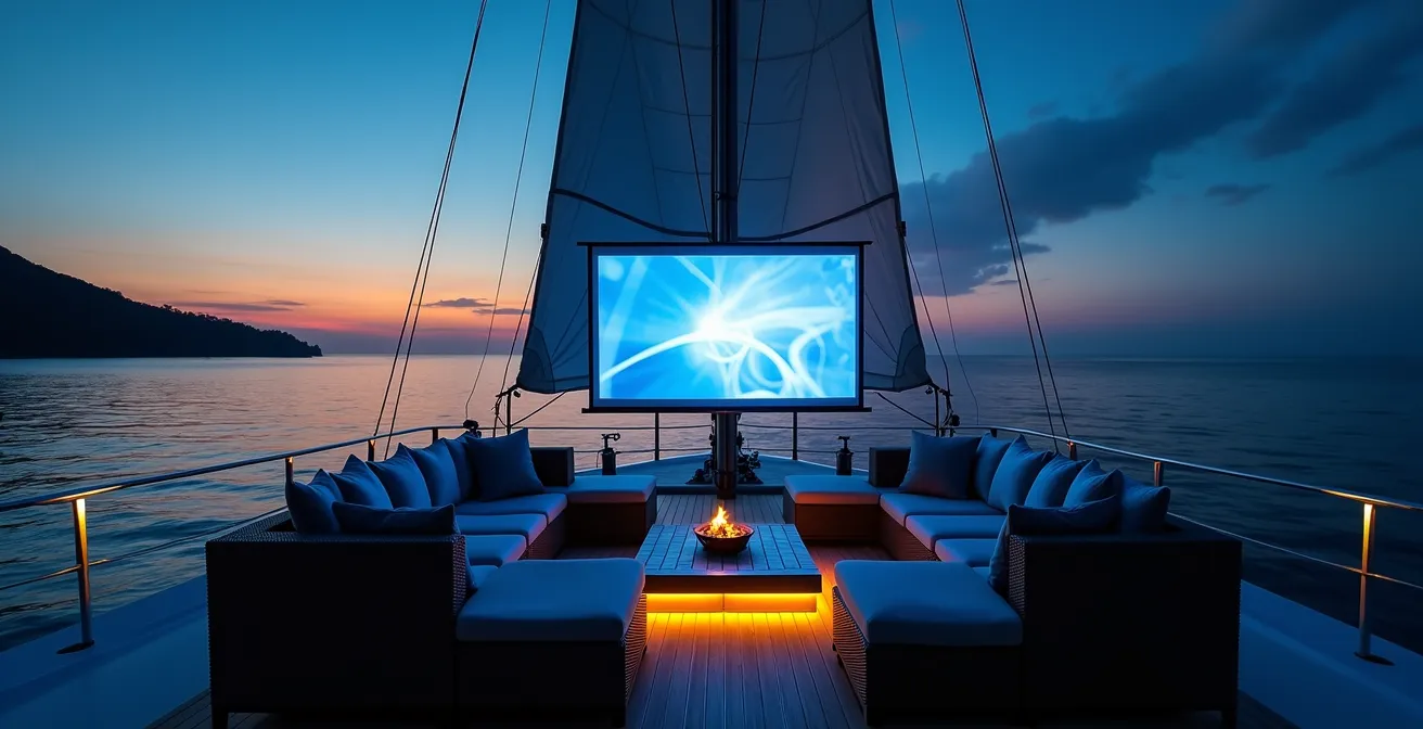 Installation cinéma en plein air sur le flybridge d'un catamaran au crépuscule avec projection sur voile