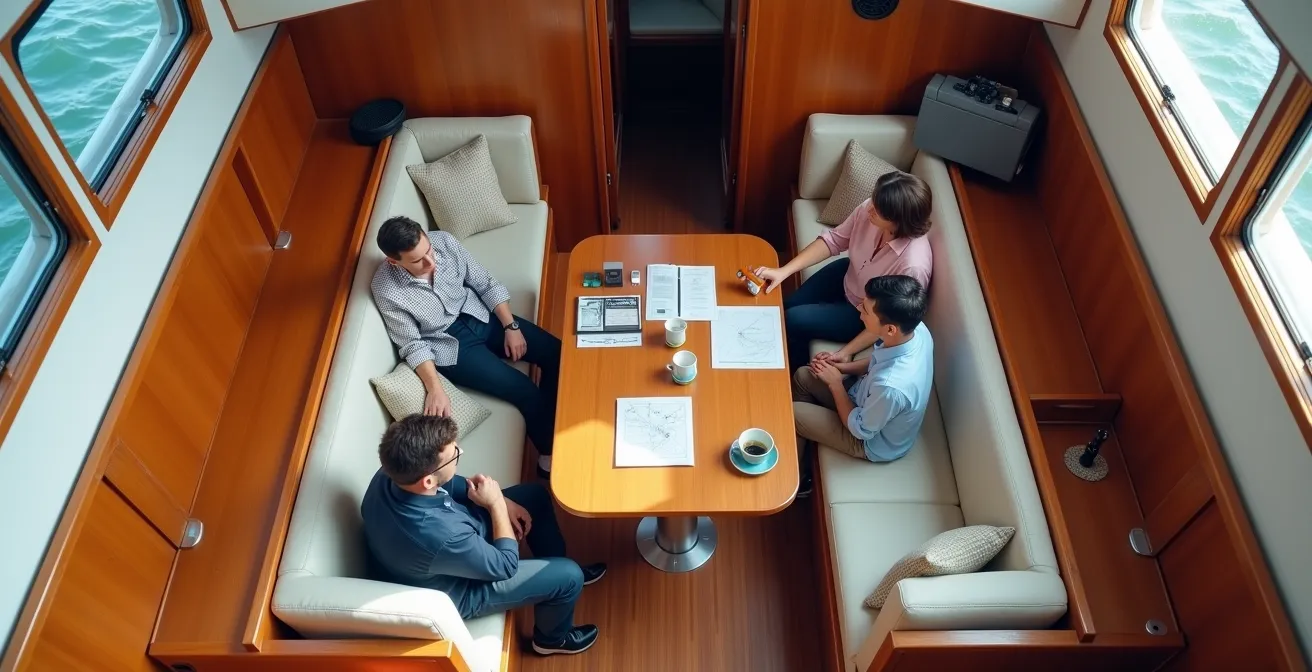 Vue plongeante d'un carré de voilier où skipper et passagers partagent un moment convivial autour de la table