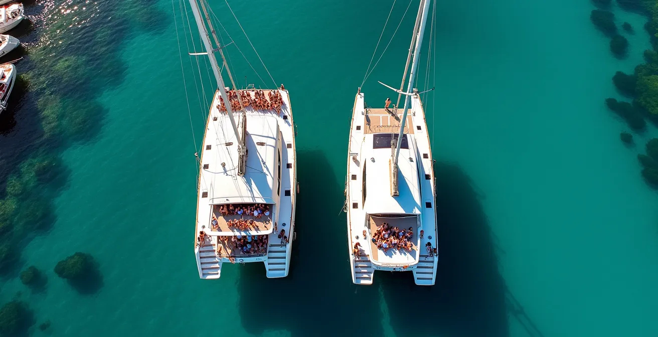 Vue aérienne comparative de deux catamarans en Méditerranée, l'un avec plusieurs groupes, l'autre avec une famille seule
