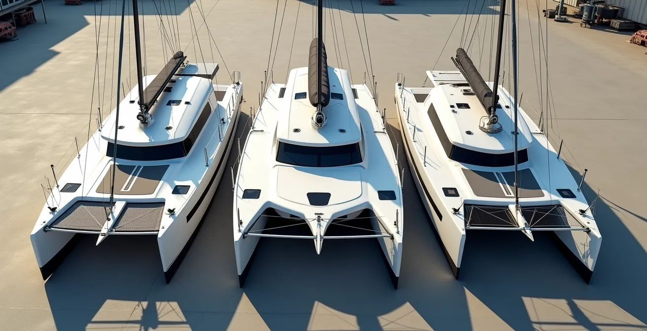 Vue de dessus comparative de trois catamarans avec des ratios largeur-longueur différents sur un chantier naval