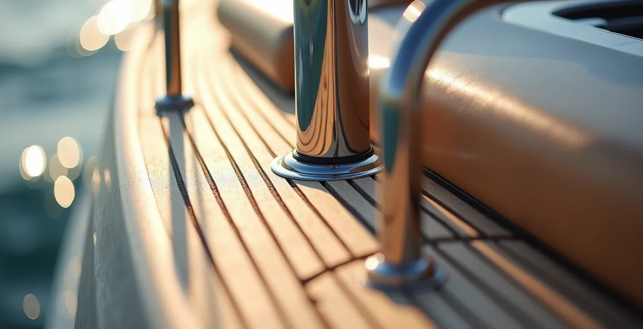 Détail architectural d'un pont de catamaran en teck avec mobilier design