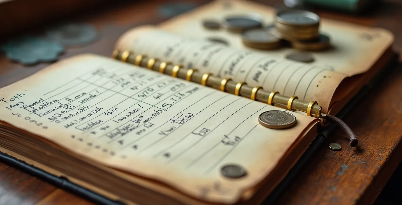 Calculatrice nautique et carnet de bord financier sur une table de carré