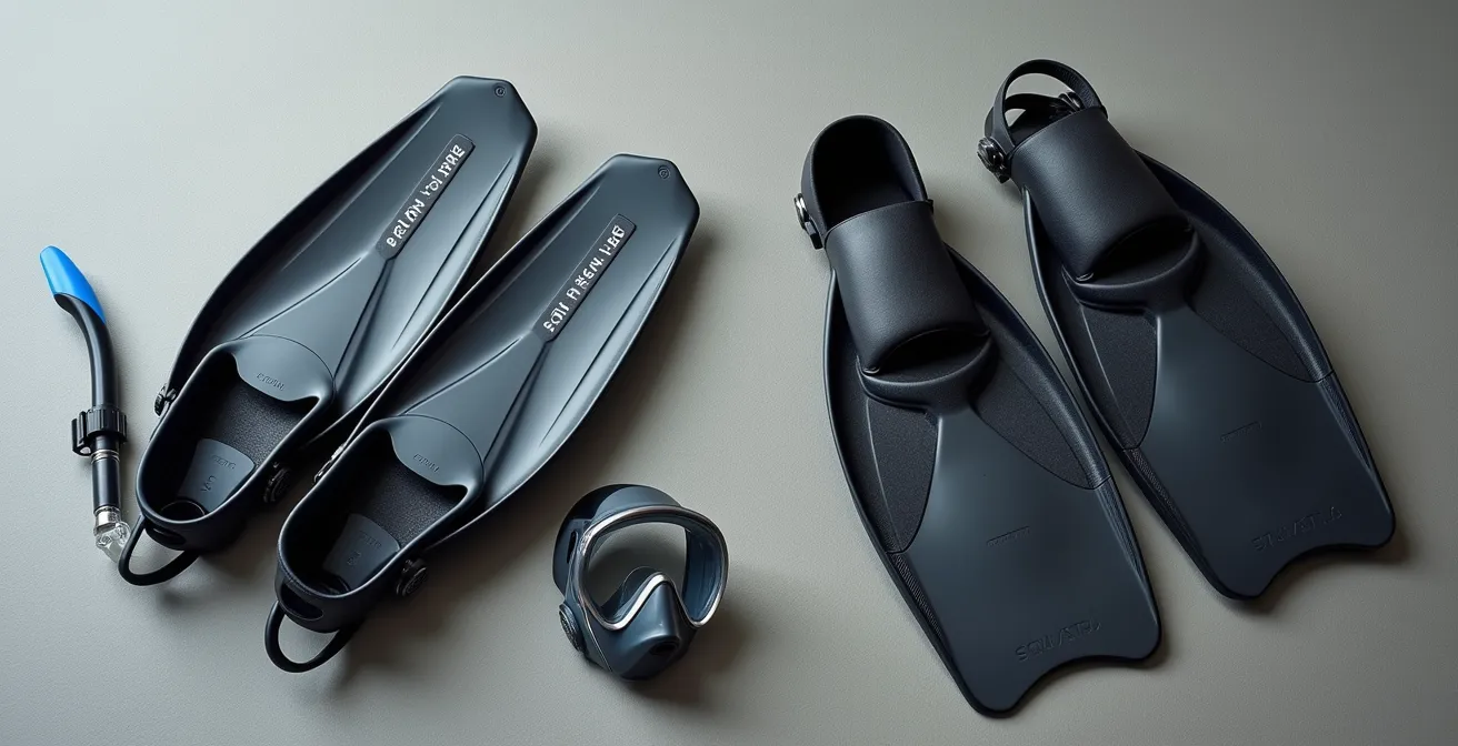 Comparaison détaillée entre équipements de snorkeling et d'apnée disposés symétriquement