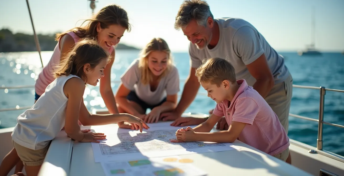 Famille réunie autour d'une carte marine sur le pont d'un catamaran pour planifier la journée