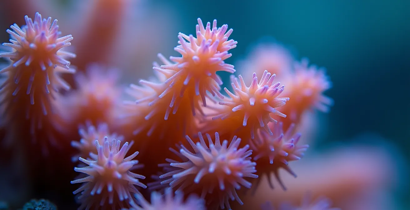 Vue macro d'un corail sain avec ses polypes déployés et ses couleurs vives