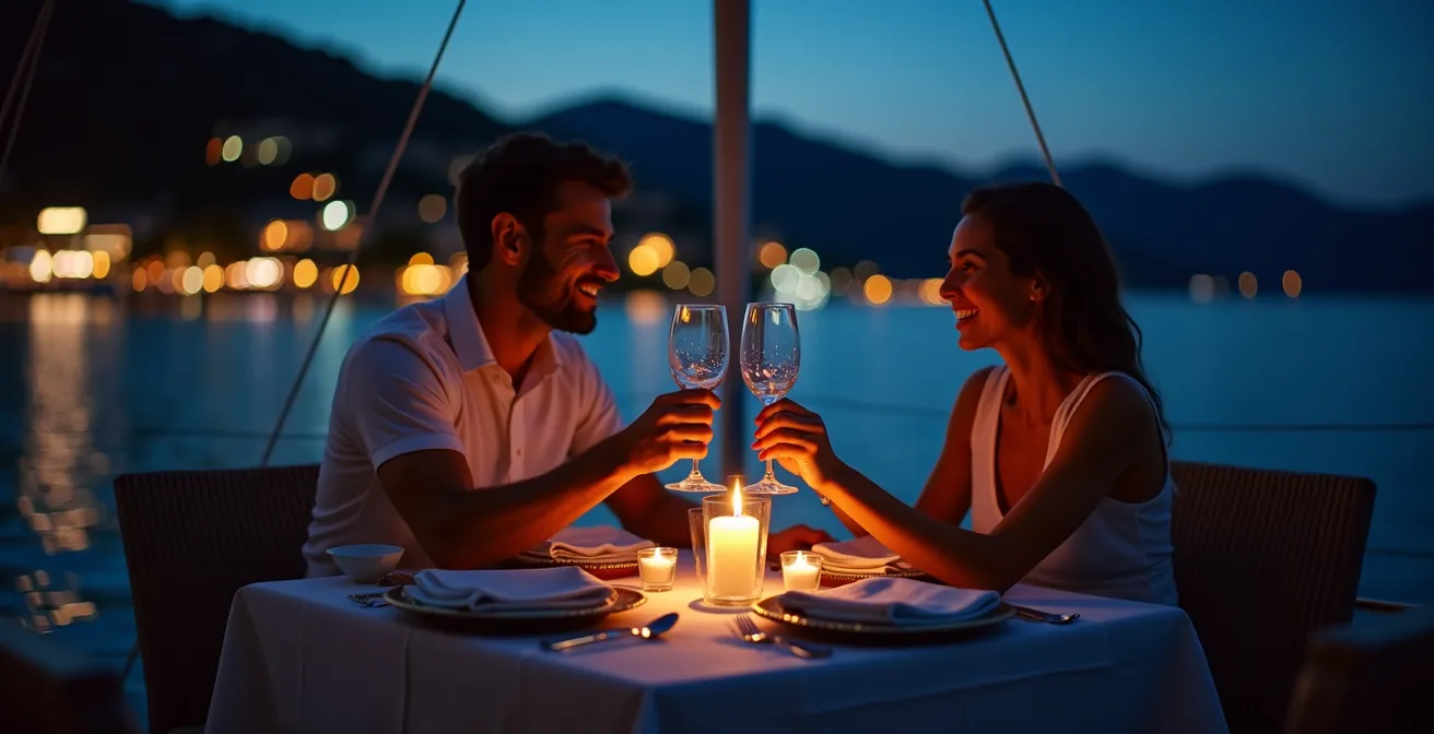 Table dressée élégamment sur le pont arrière d'un catamaran avec vue sur une crique au crépuscule