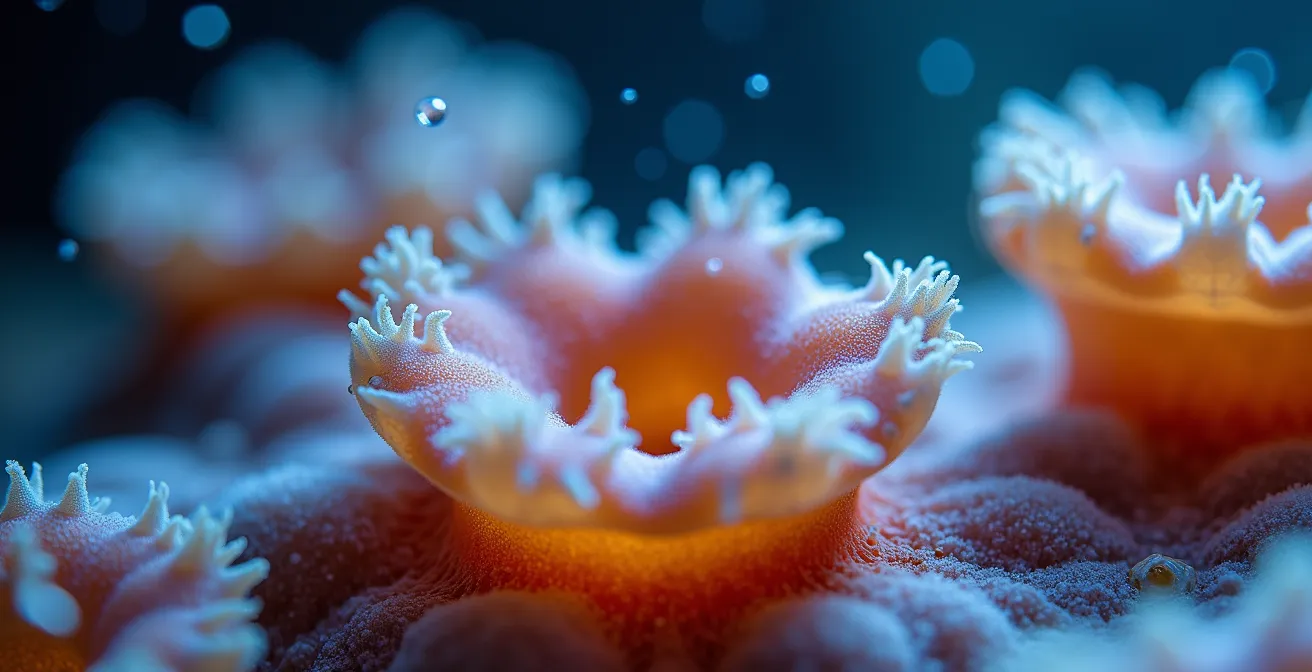 Vue macro détaillée d'un polype de corail avec ses tentacules déployés captant le plancton