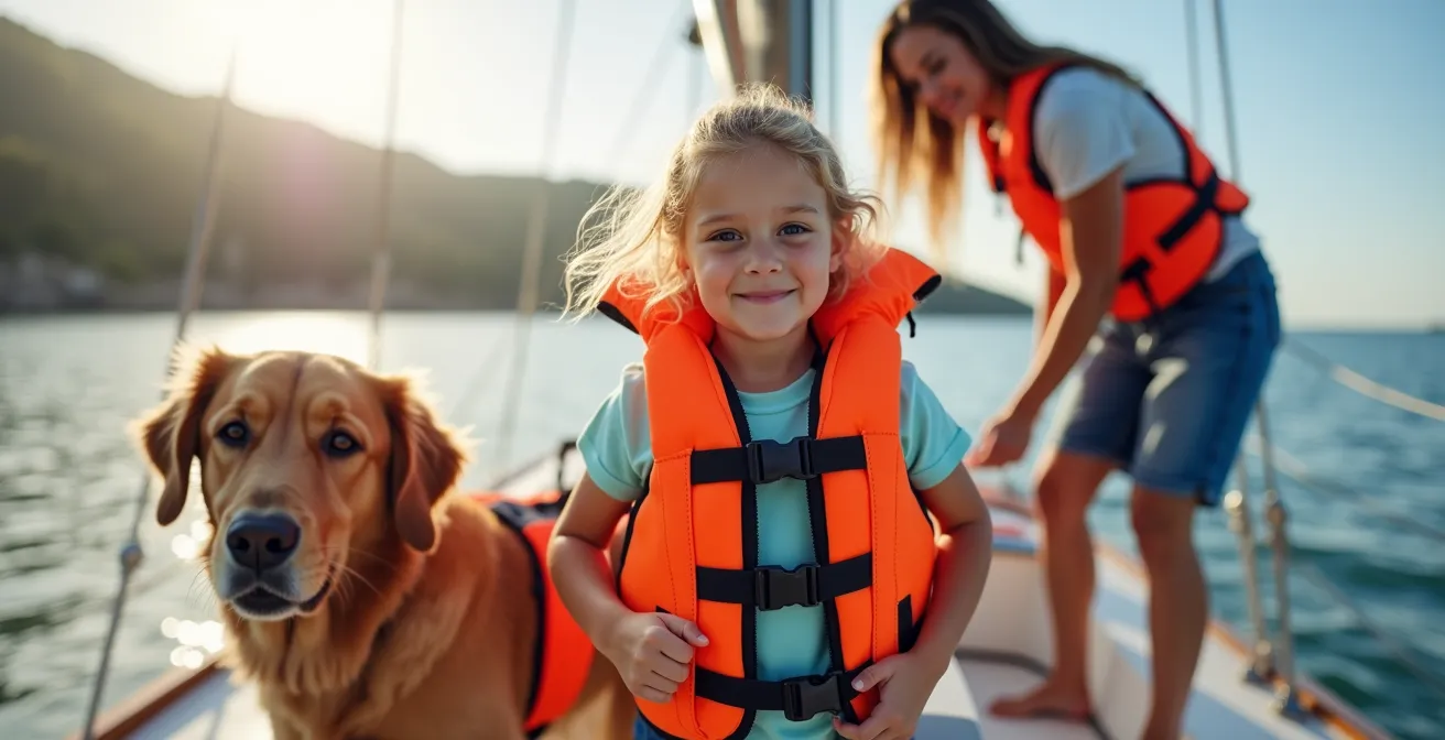 Famille en navigation avec enfant et chien équipés de gilets de sauvetage adaptés, créant une atmosphère de sécurité inclusive