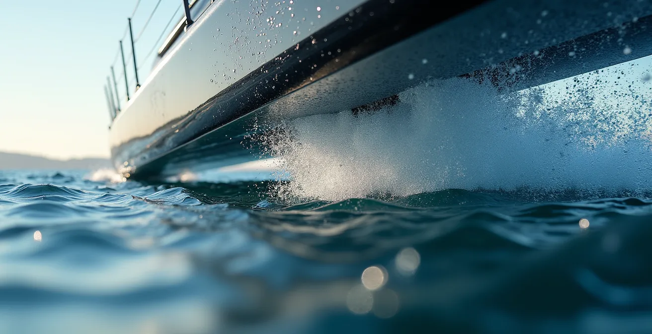 Gros plan sur la coque soulevée d'un catamaran de sport avec l'eau cristalline en arrière-plan, capturant l'instant précis du vol au-dessus des vagues