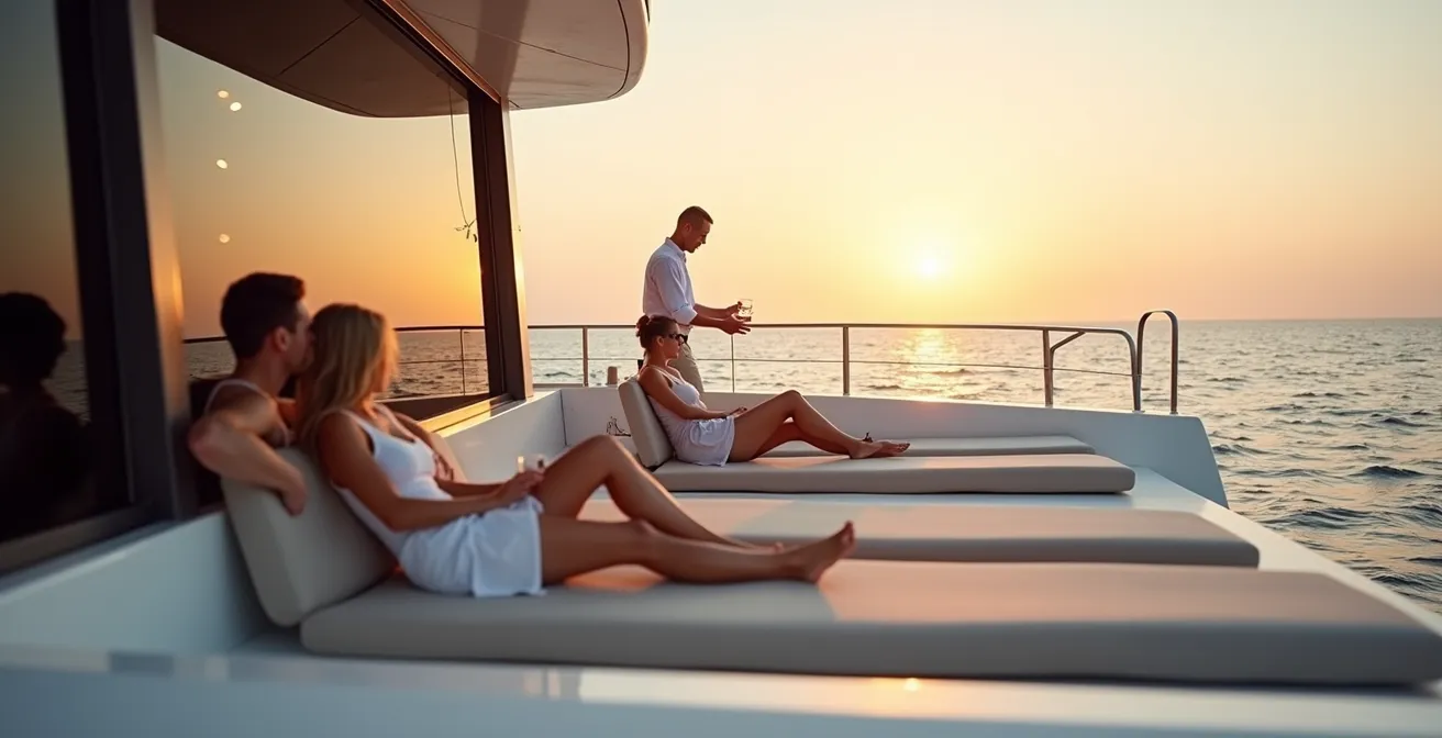 Service discret d'un membre d'équipage en arrière-plan pendant que les passagers profitent du pont avant