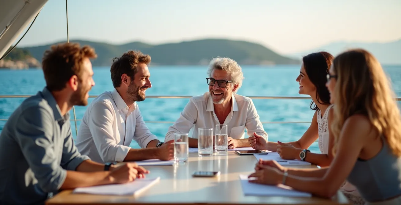 Groupe professionnel en séminaire sur le pont d'un catamaran avec vue panoramique sur la mer