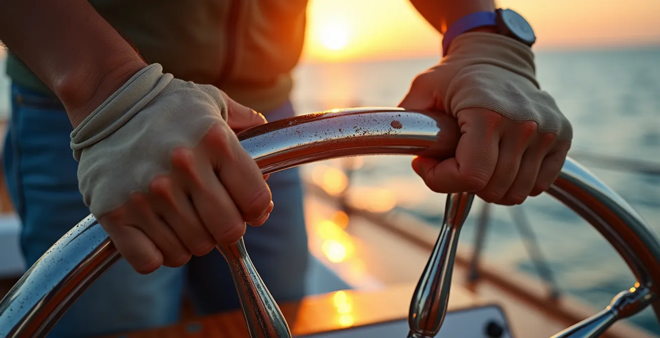 Vue rapprochée des barres d'un catamaran avec reflets de l'eau