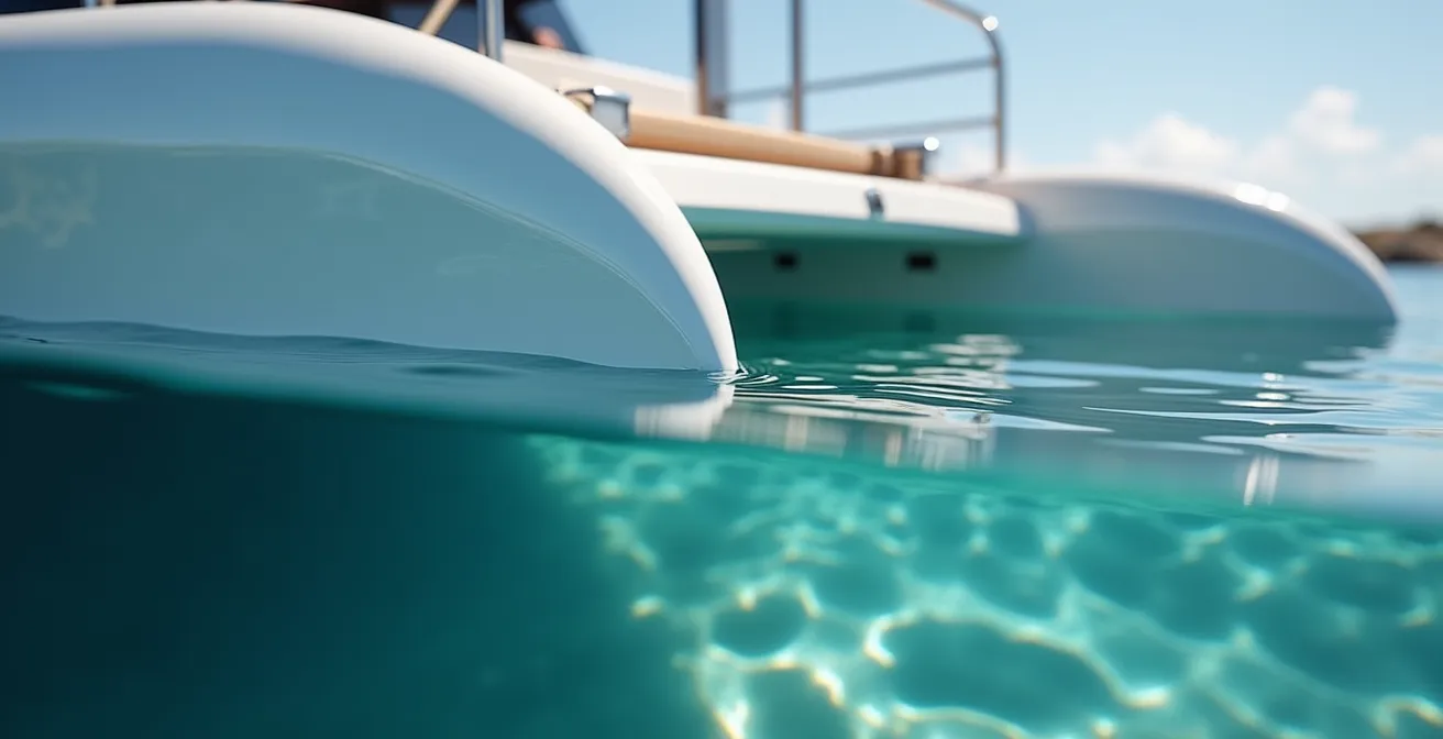 Vue latérale d'un catamaran montrant clairement l'espace entre la nacelle centrale et la surface de l'eau