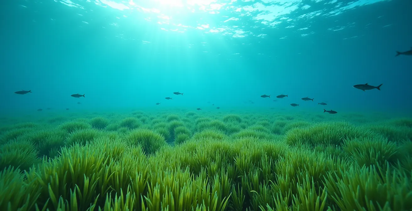 Vue sous-marine d'un herbier de posidonie avec saupes et labres en Méditerranée