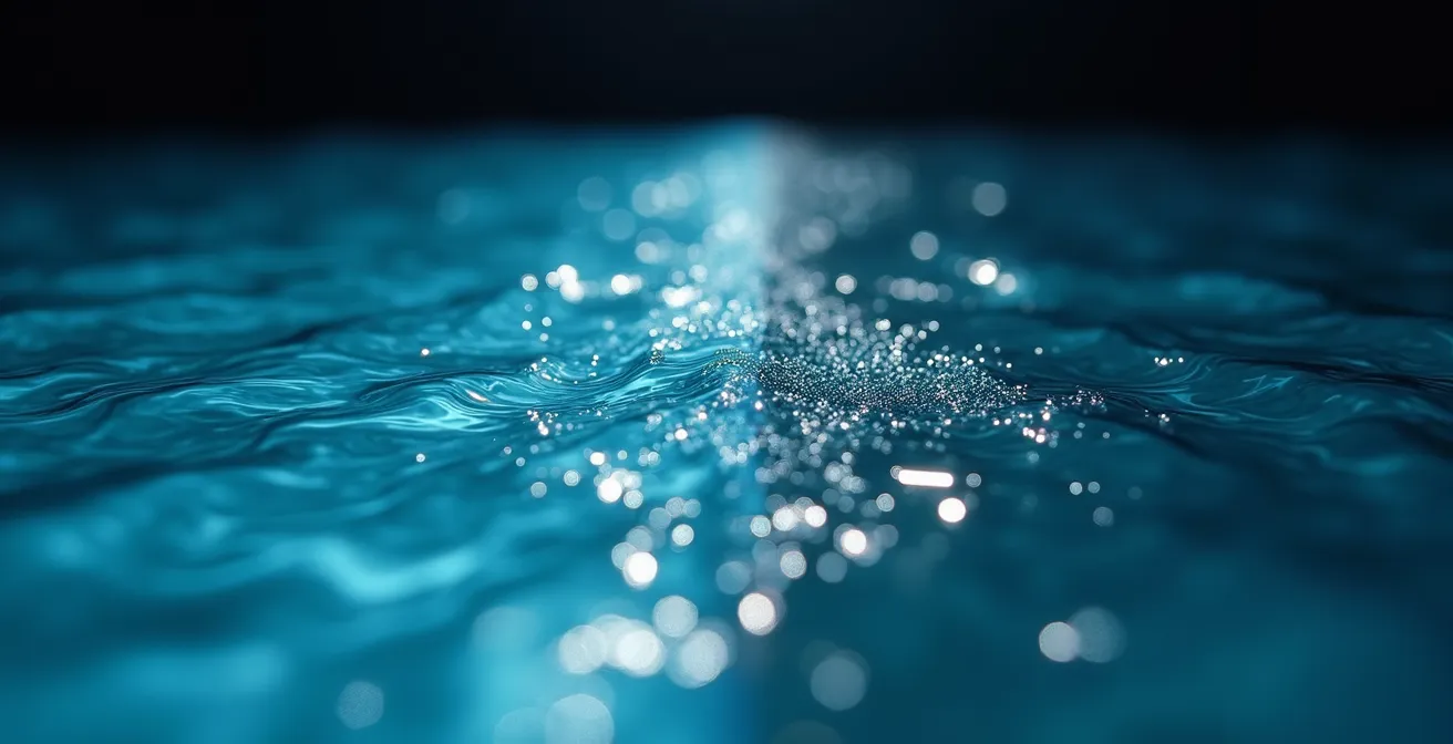 Vue macro détaillée montrant la surface de l'eau avec des reflets subtils révélant l'impact environnemental différencié