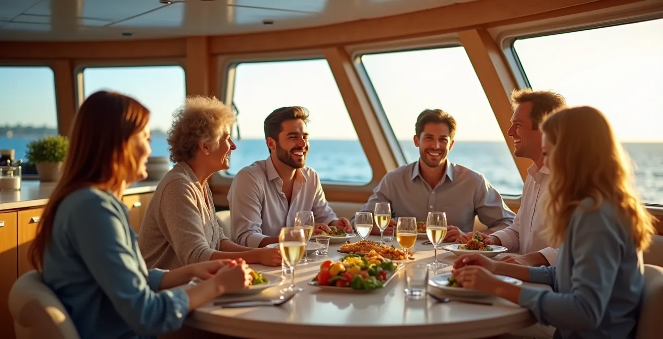 Salon intérieur lumineux d'un catamaran avec vue panoramique et famille partageant un repas