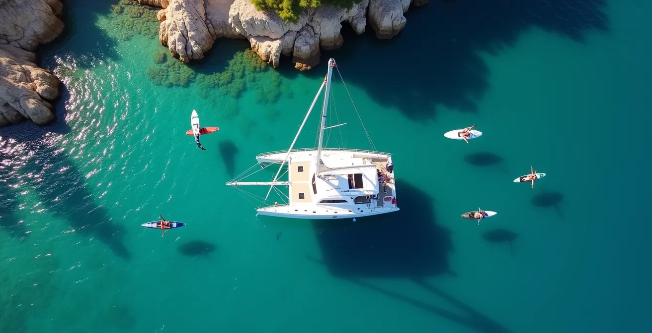 Vue aérienne d'un catamaran avec multiples activités nautiques simultanées autour
