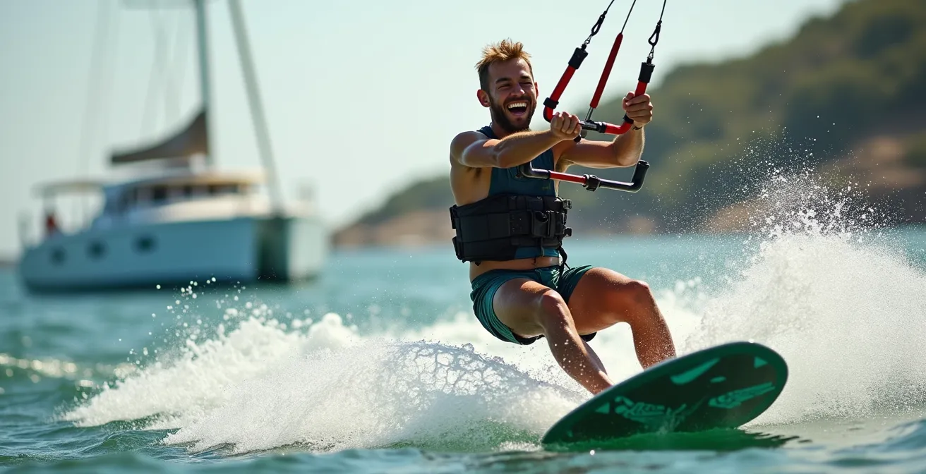 Kitesurfeur en pleine navigation avec catamaran en arrière-plan