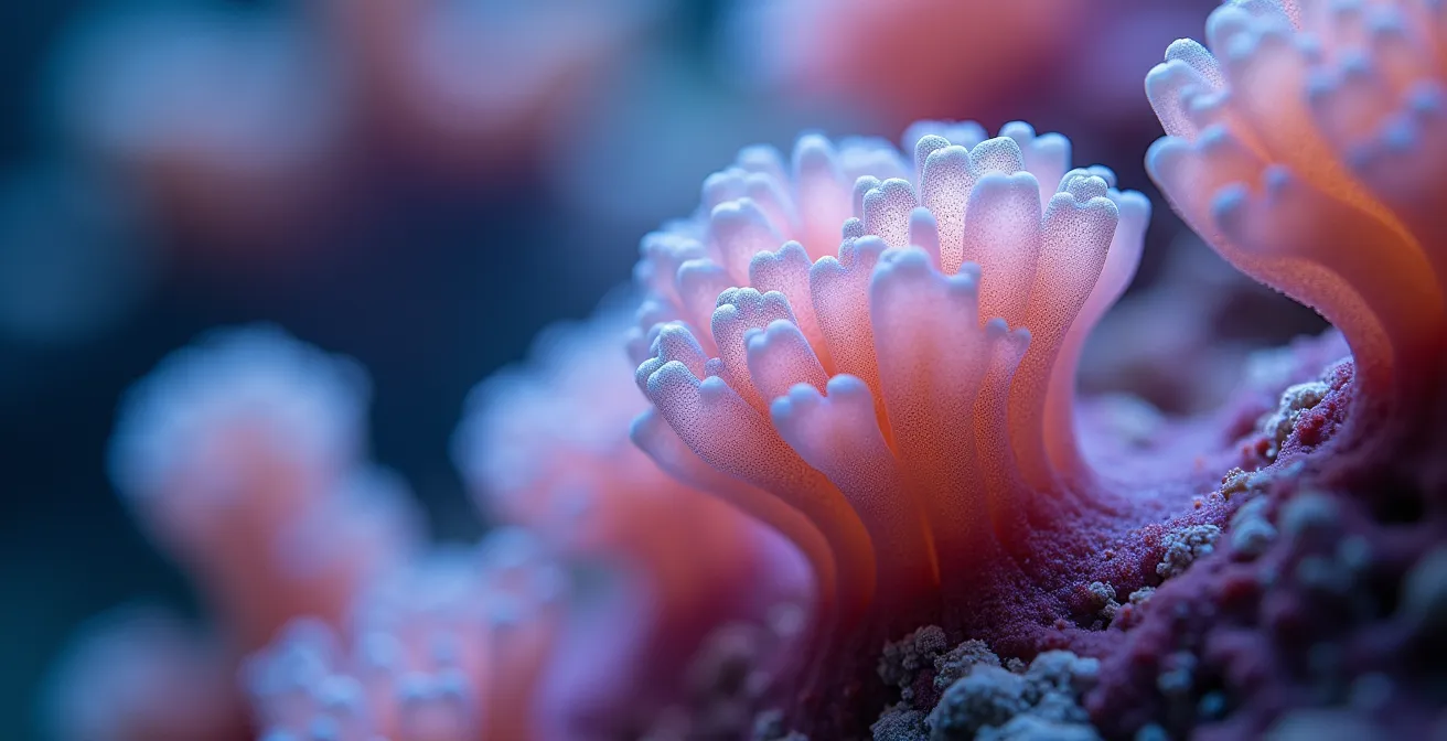 Vue macro détaillée de polypes coralliens et leur structure calcaire complexe