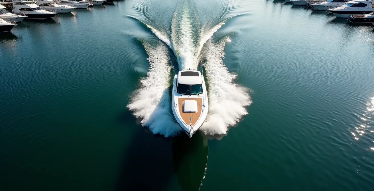 Vue aérienne d'un catamaran effectuant une manœuvre précise dans un port