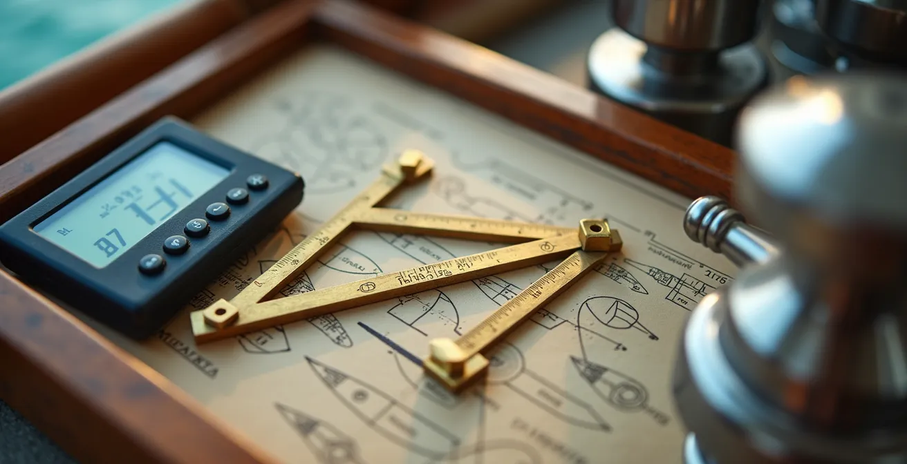 Schéma technique montrant les différents éléments de poids et surfaces de voiles d'un catamaran pour le calcul du ratio