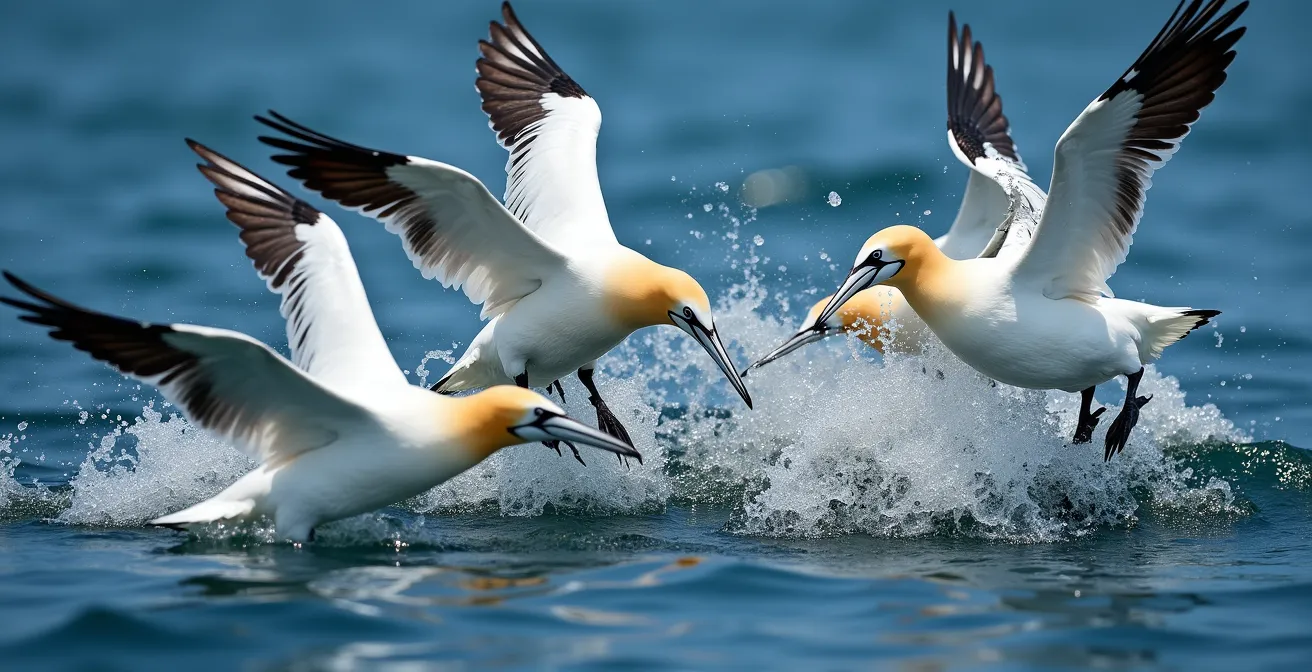 Fous de Bassan plongeant en piqué dans l'océan avec un banc de poissons visible sous la surface