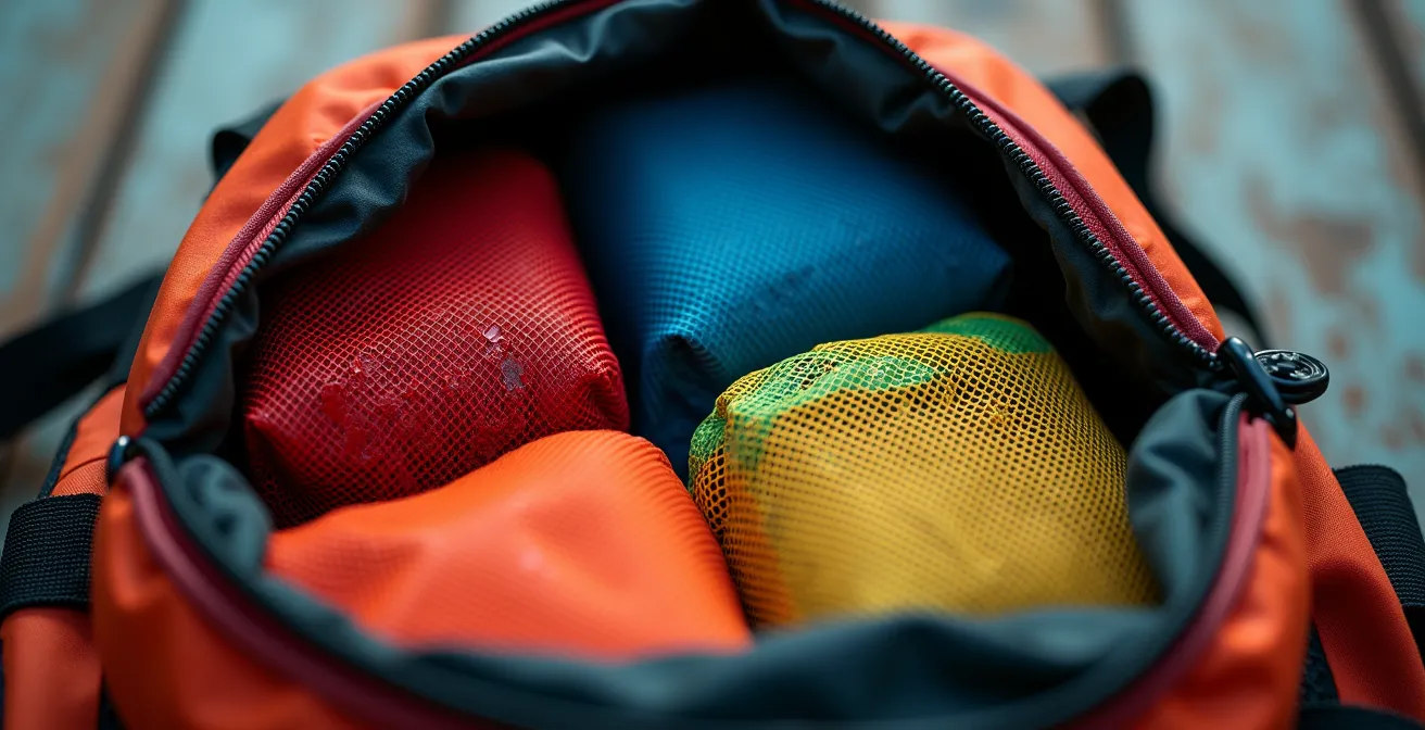 Vue en plongée d'un sac de survie ouvert avec compartiments colorés et équipements organisés