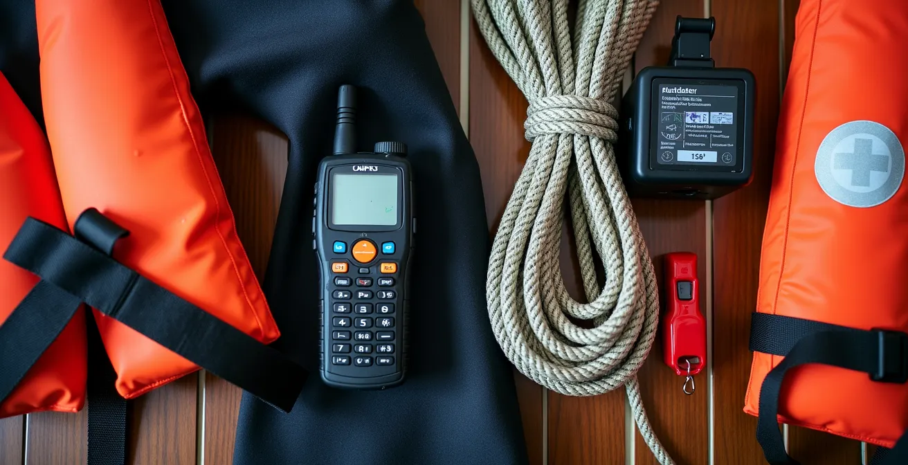 Équipements de sécurité nautique organisés sur le pont d'un catamaran