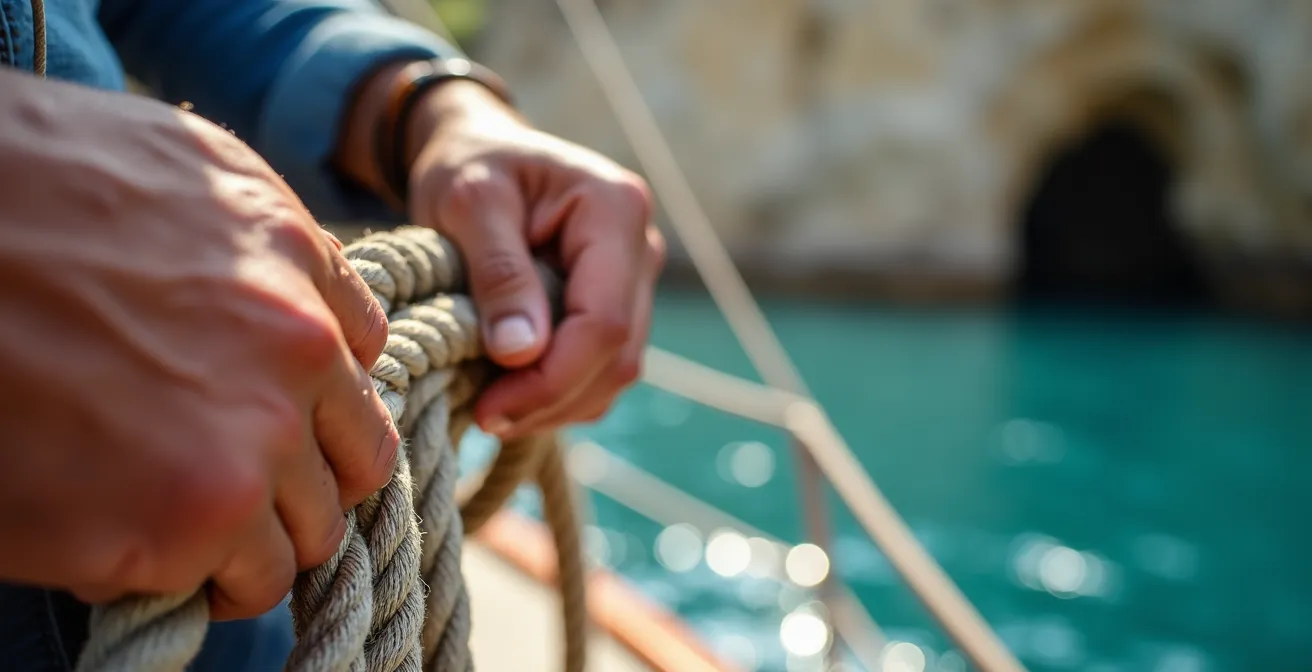 Skipper expérimenté guidant un catamaran vers une crique isolée au lever du soleil
