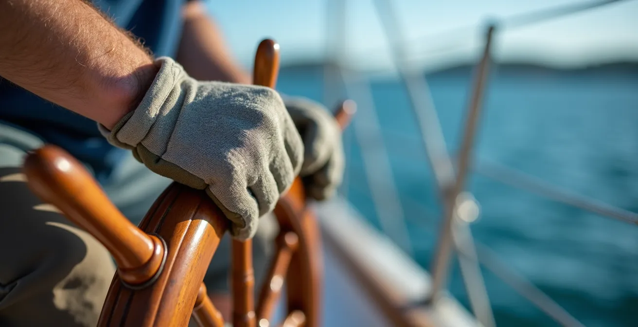 Gros plan sur les mains du skipper relâchées sur la barre du voilier, expression de sérénité