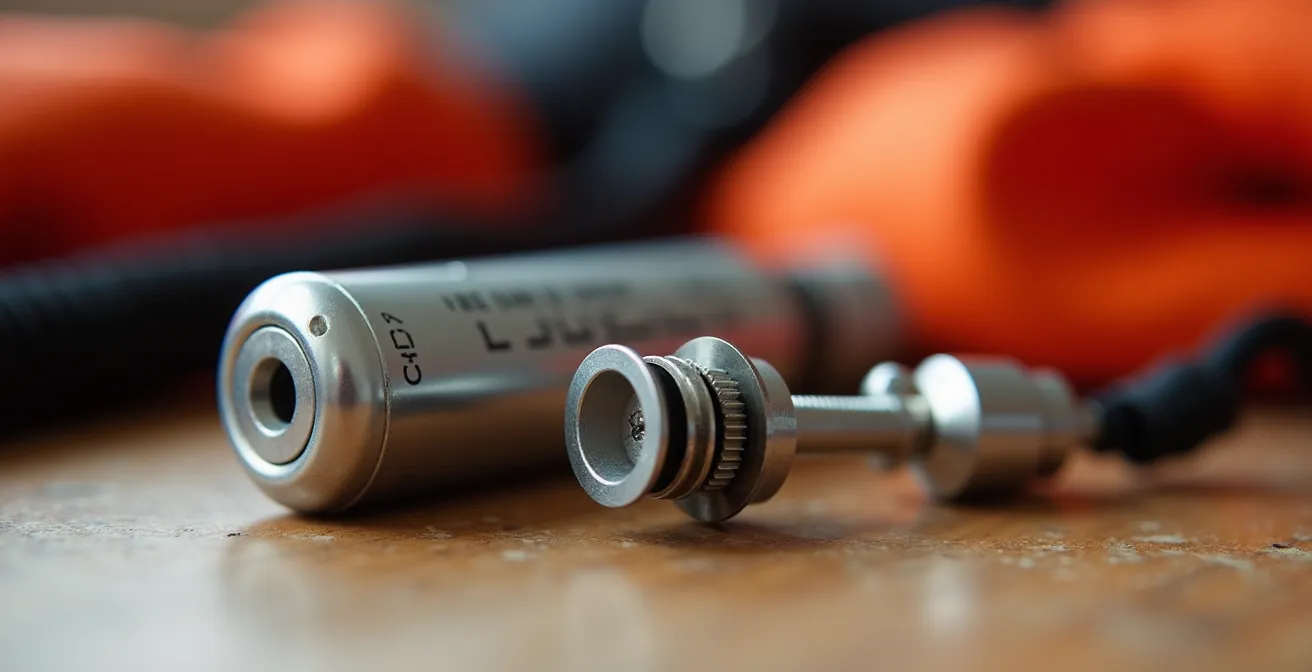 Vue rapprochée du mécanisme de déclenchement d'un gilet de sauvetage automatique montrant la cartouche CO2 et le système de percution