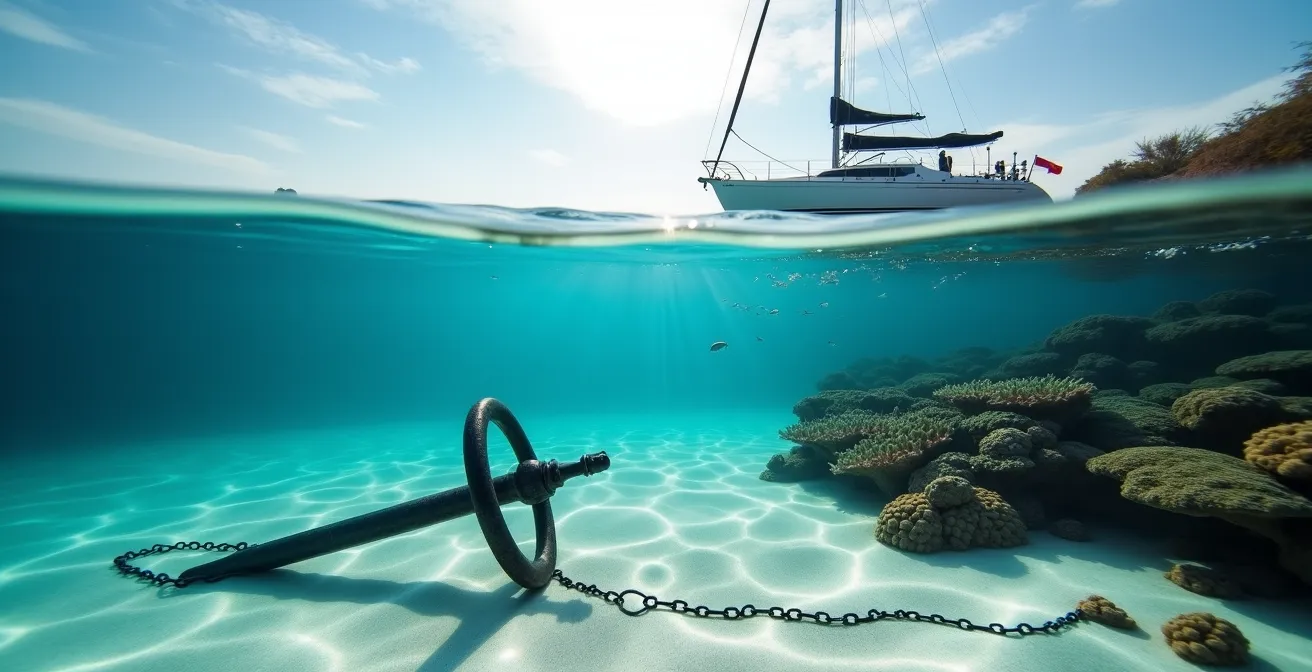 Vue sous-marine montrant une ancre posée délicatement sur fond sableux loin des coraux