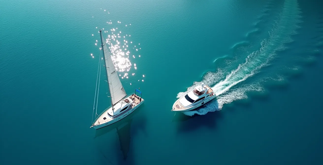 Vue aérienne montrant un voilier et un bateau à moteur naviguant côte à côte